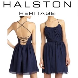 HALSTON HERITAGE Navy Silk Cocktail Dress w/ Criss-Cross Tied Back